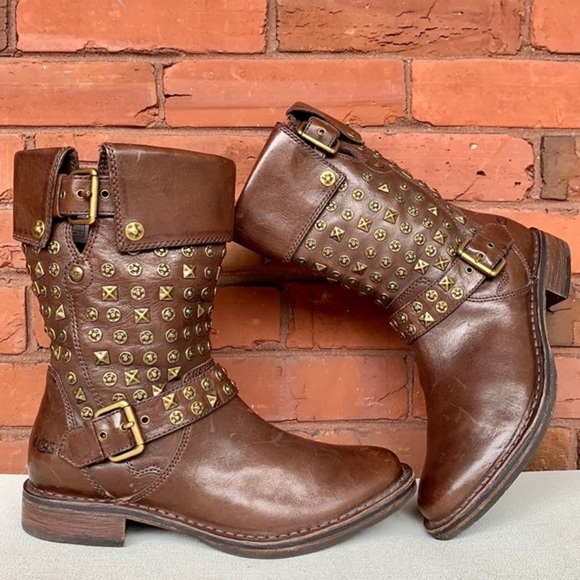 SALE ❤️ UGG Conor Harness Studded Shearling Brown Leather Moto Biker Boots 7.5 - Picture 2 of 12